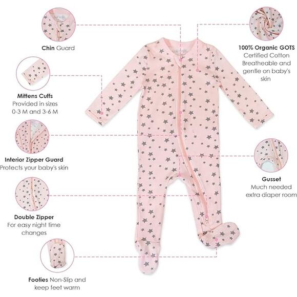 Abe & Elly Organic Cotton Baby Onesie 6-12 month Pink Star Footie Pajamas - Picture 2 of 8